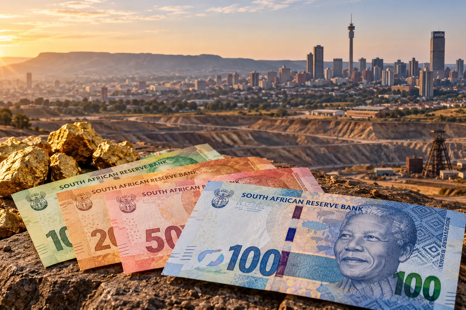 South African rand banknotes with Johannesburg and the Witwatersrand goldfields in the background